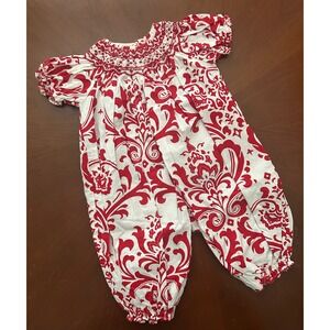Le Za Me Baby Girls Red White Damask Smocked Bubble Romper 18M Holiday